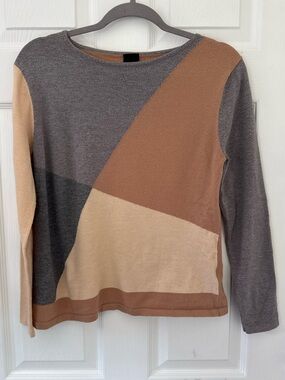 Colorblock Long Sleeve Sweater - Gray & Brown & Cream